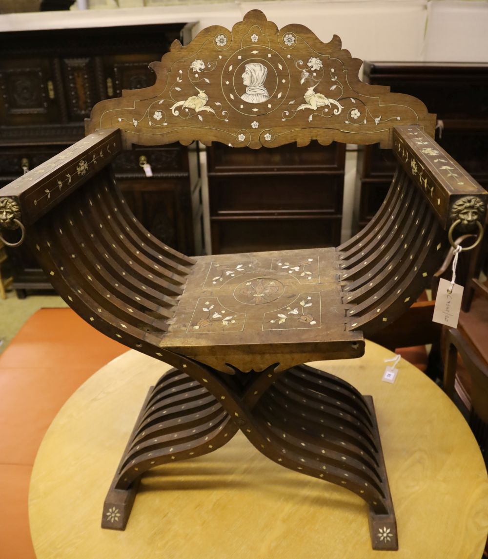 An Italian bone inlaid Savonarola chair, width 72cm